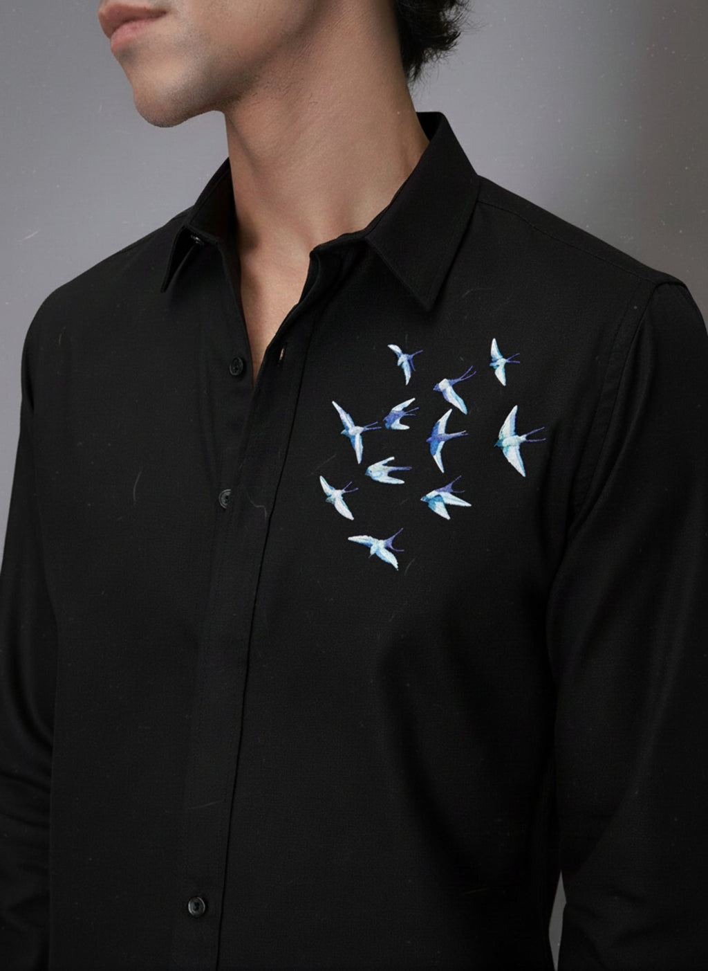 Men’s Blue Bird Embroidered Linen Shirt