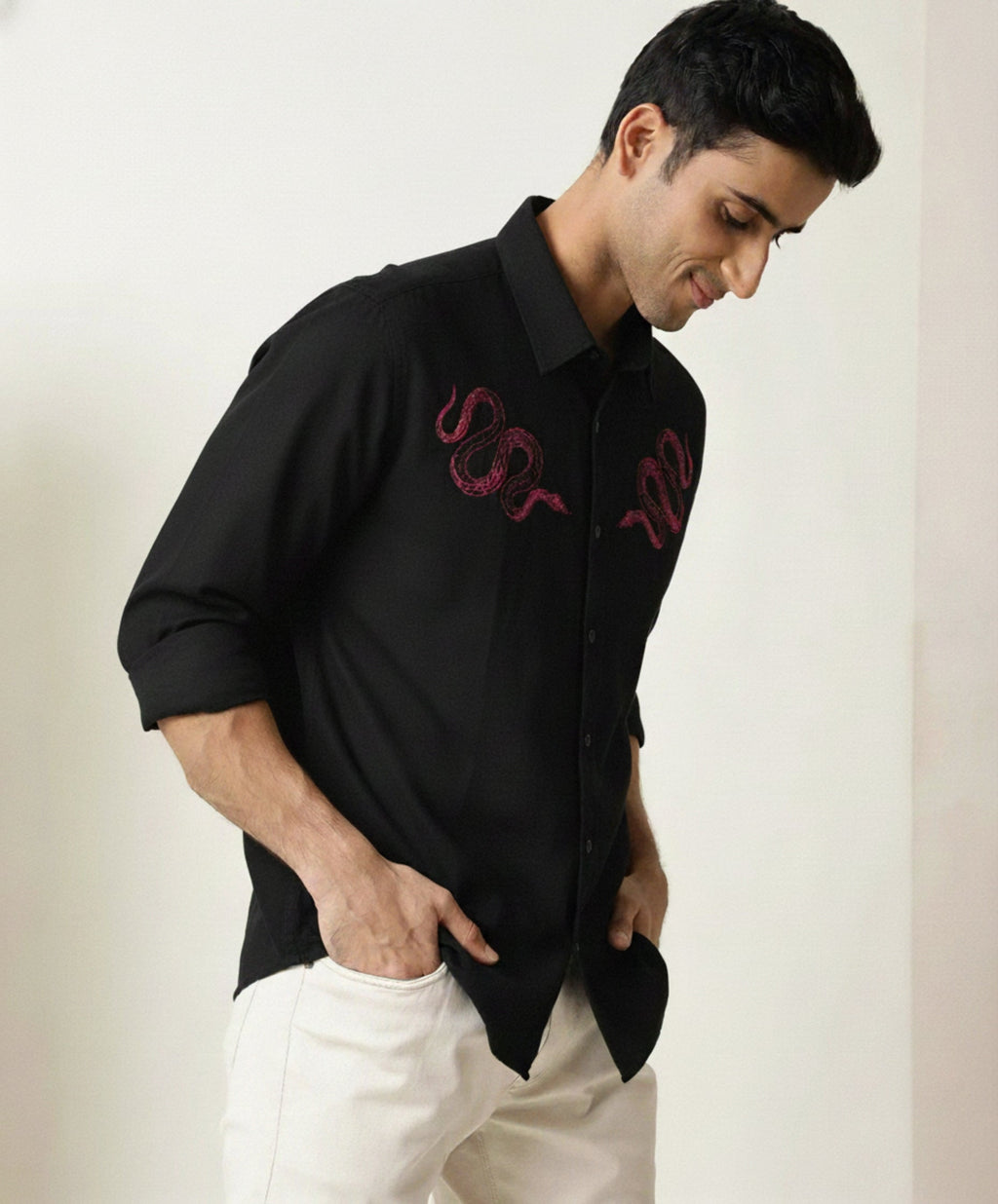 Men’s Pink Snake Embroidered Linen Shirt