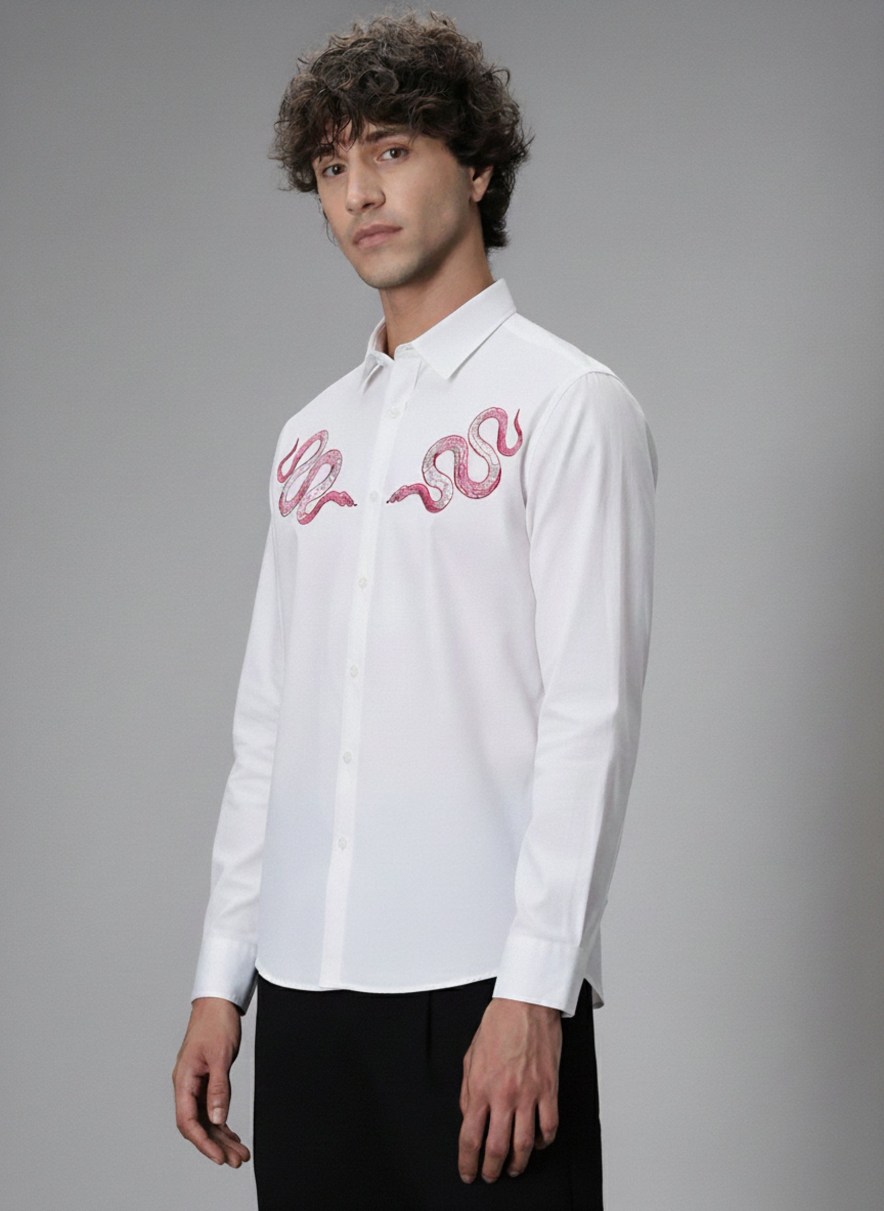 Men’s Pink Snake Embroidered Linen Shirt