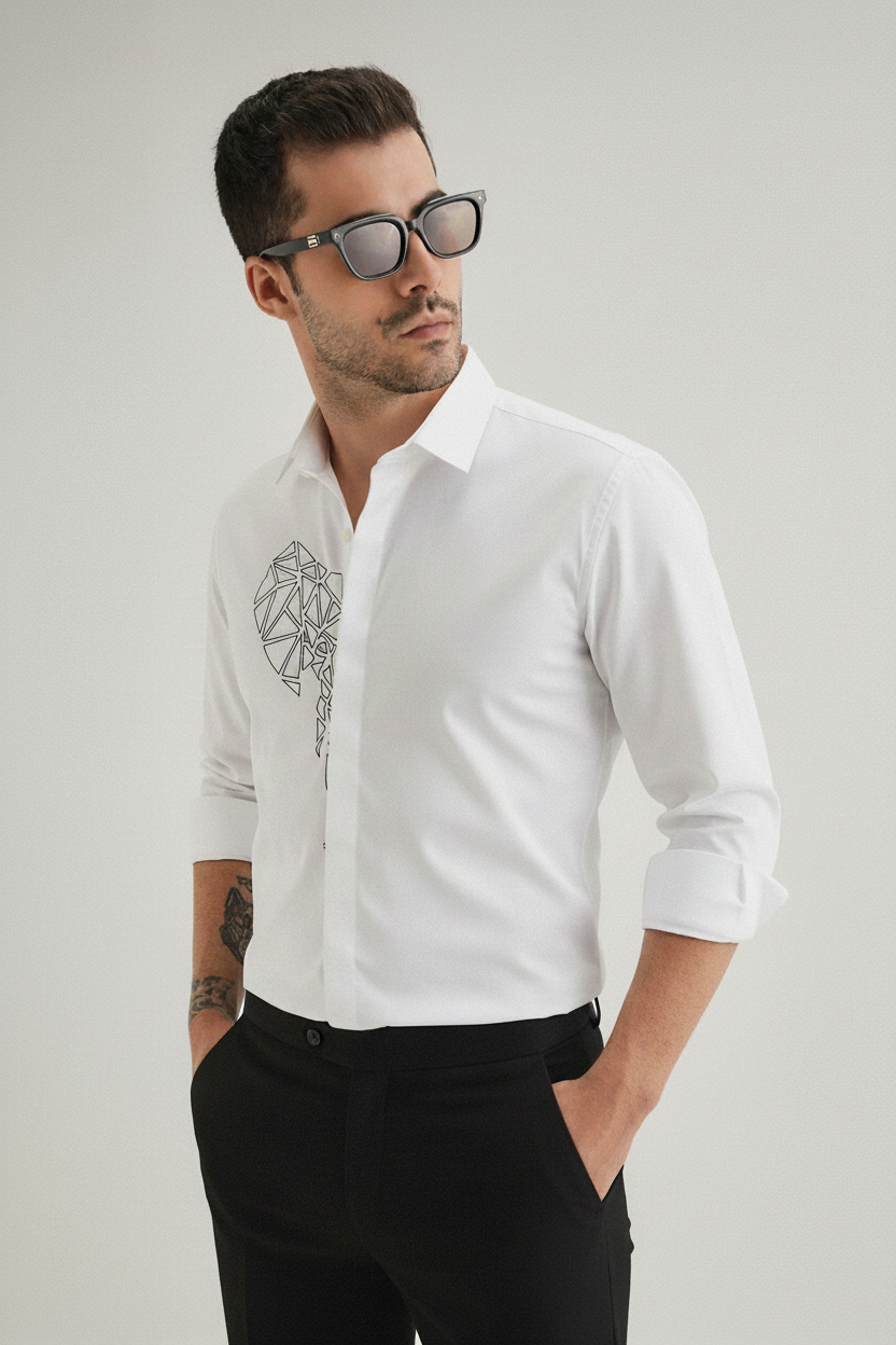 Men’s Geometric Elephant Embroidered Linen Shirt