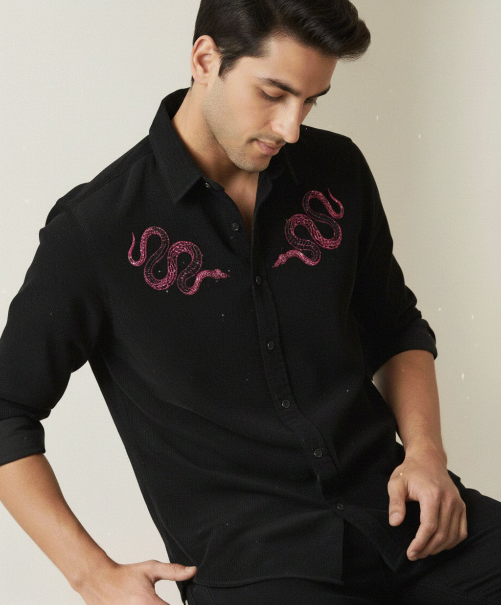 Men’s Pink Snake Embroidered Linen Shirt
