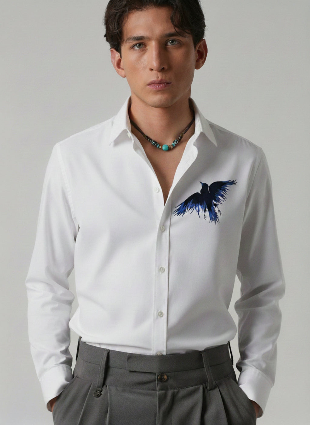 Men’s Blue Eagle Embroidered Linen Shirt