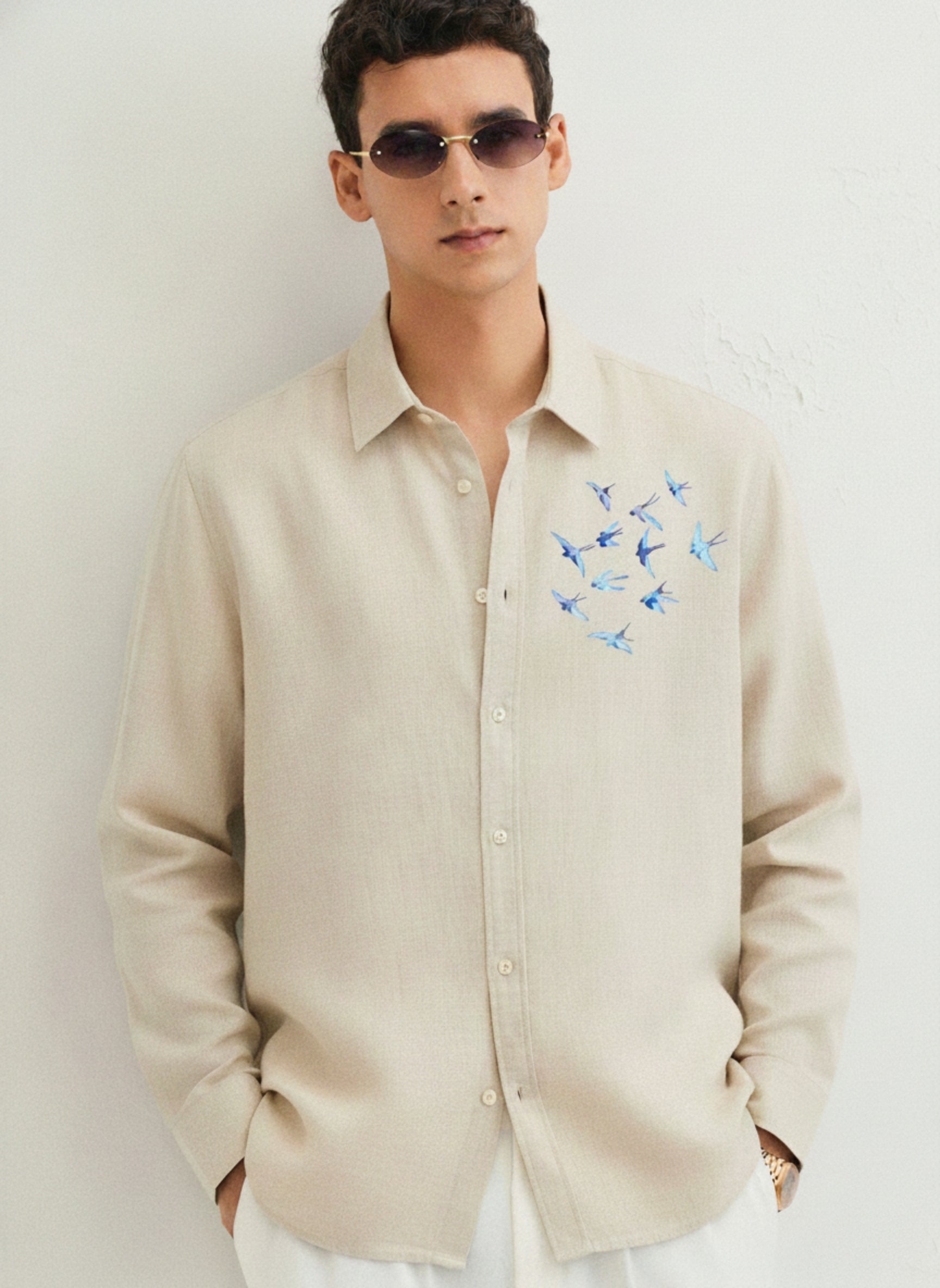 Men’s Blue Bird Embroidered Linen Shirt