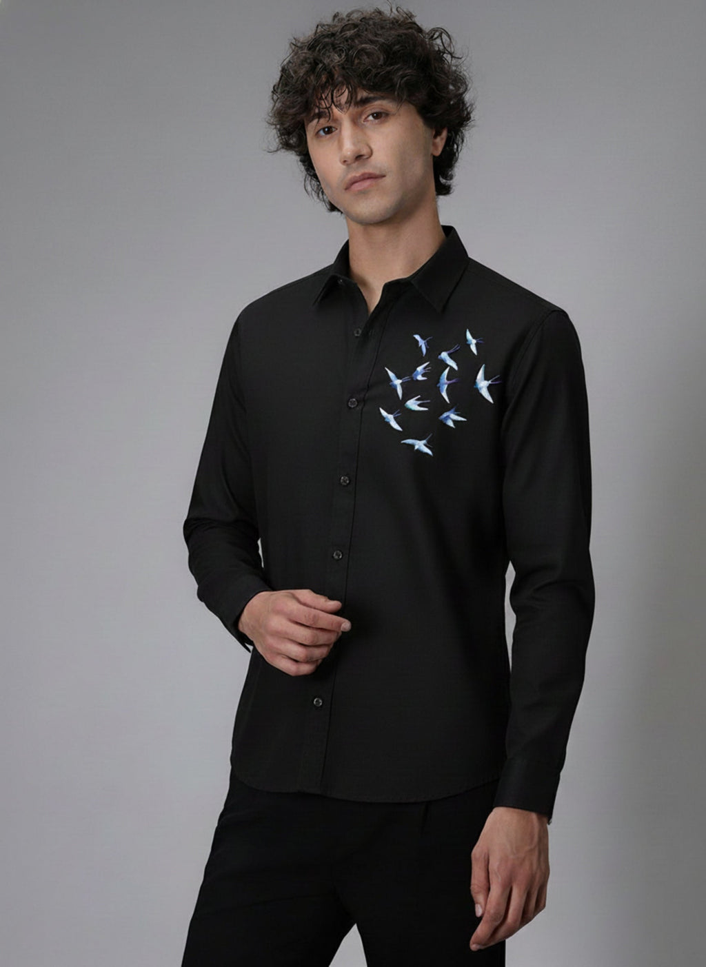 Men’s Blue Bird Embroidered Linen Shirt
