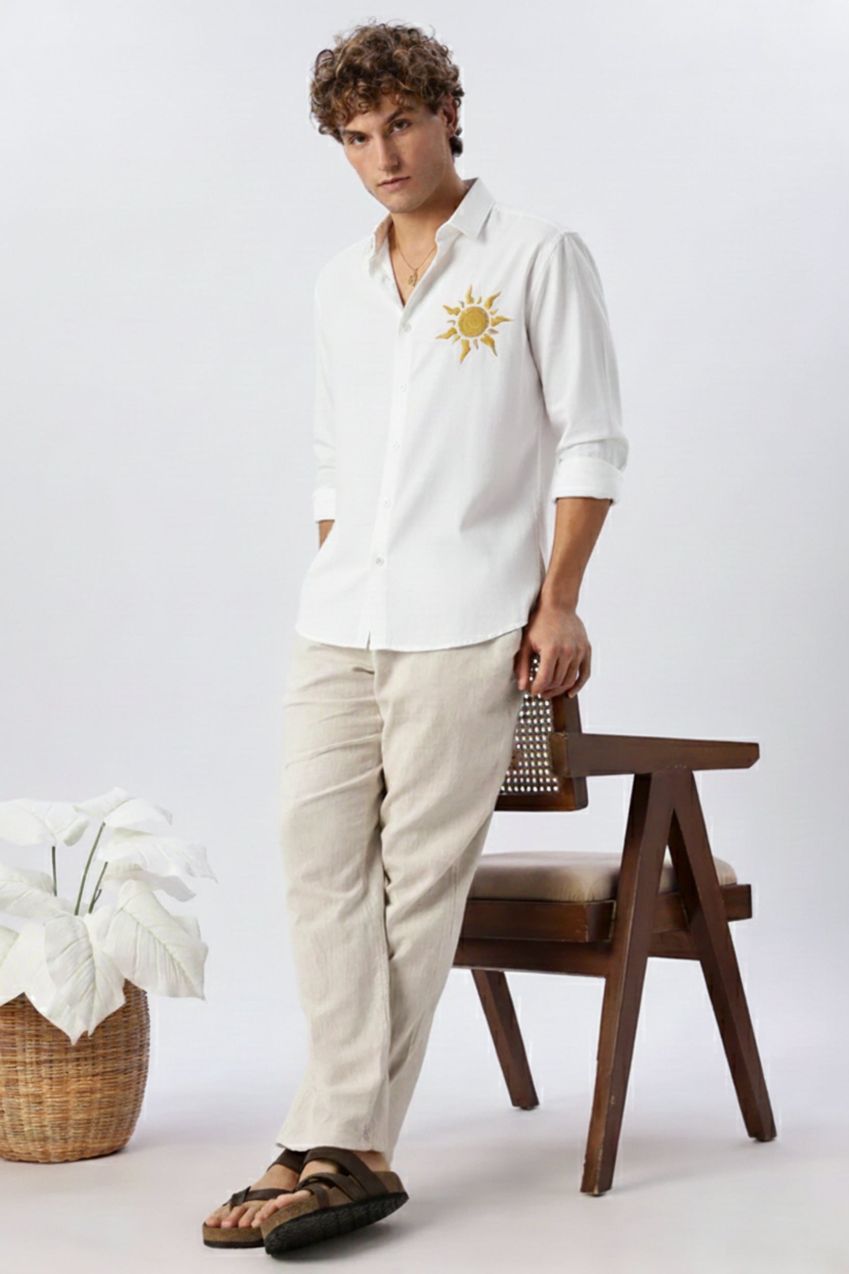 Men’s Golden Sun Embroidered Linen Shirt