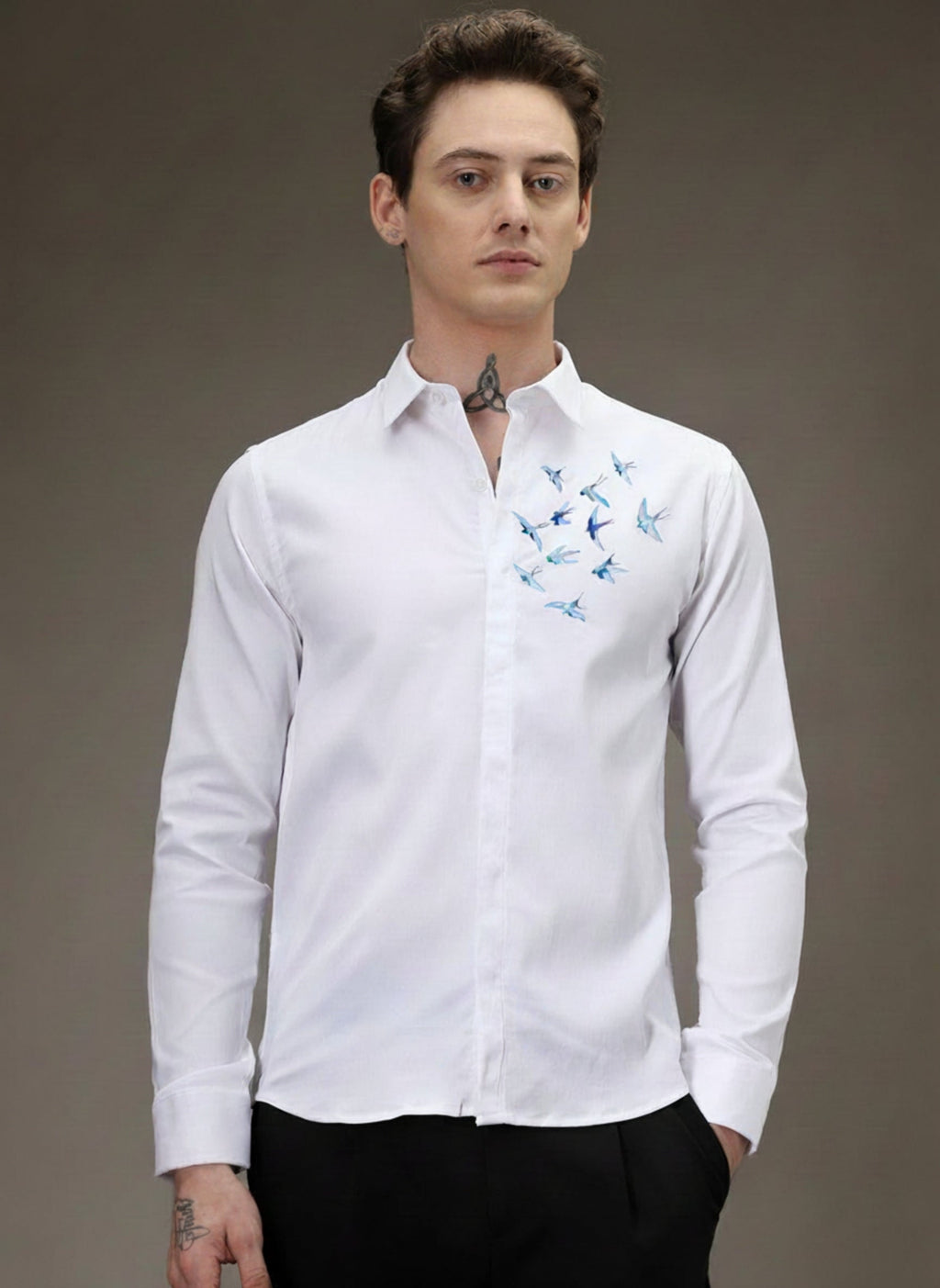 Men’s Blue Bird Embroidered Linen Shirt