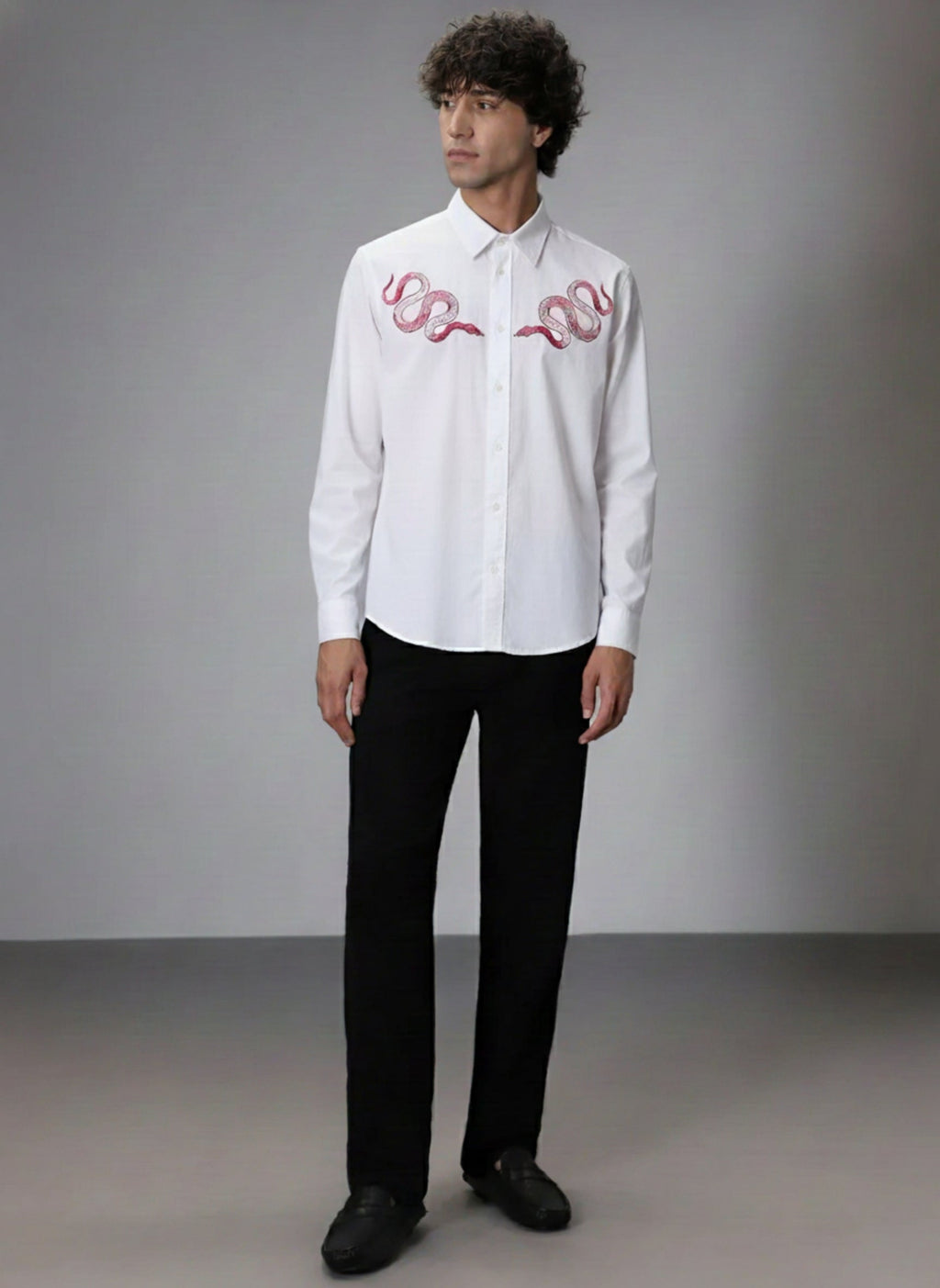 Men’s Pink Snake Embroidered Linen Shirt