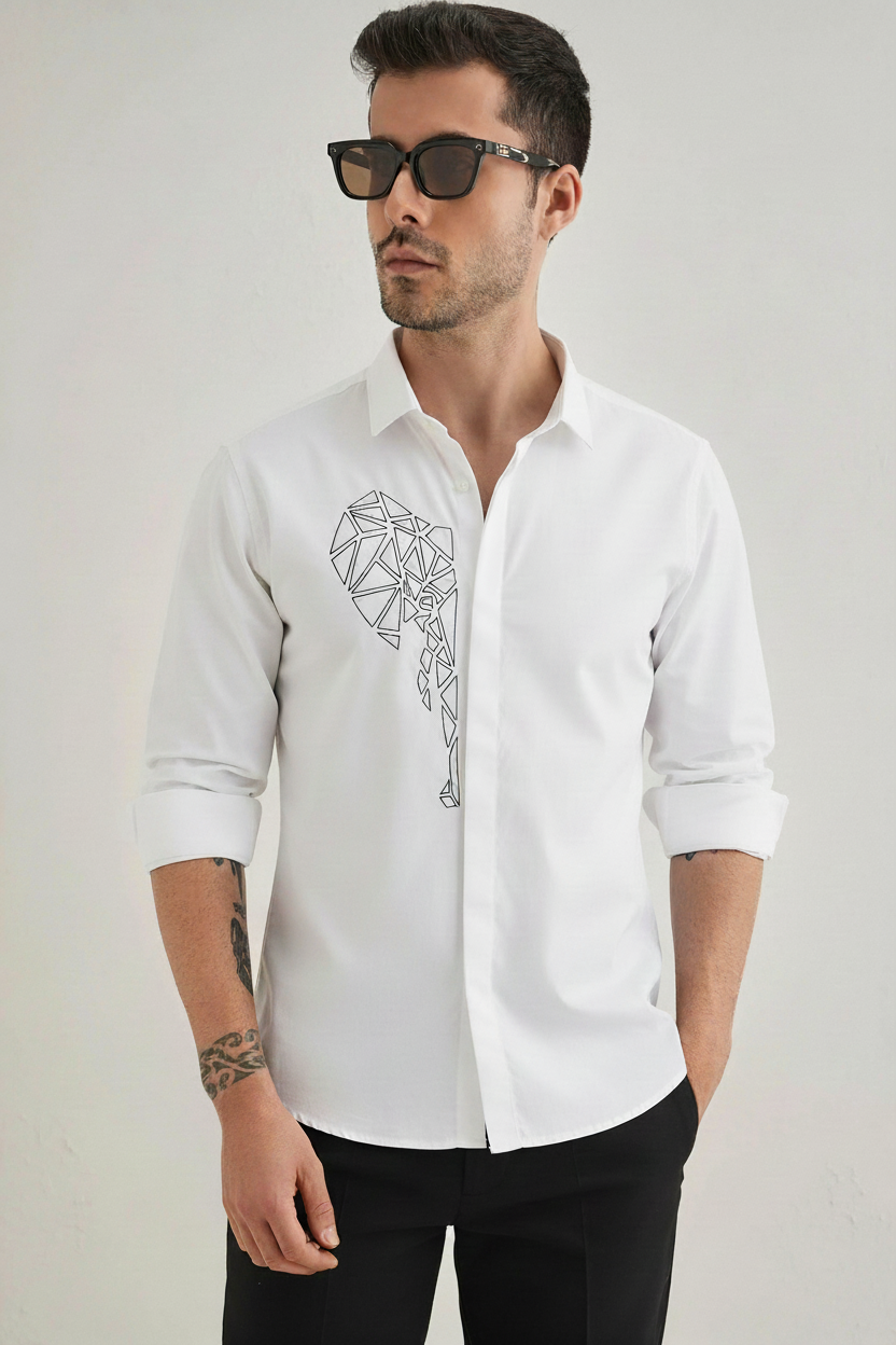 Men’s Geometric Elephant Embroidered Linen Shirt
