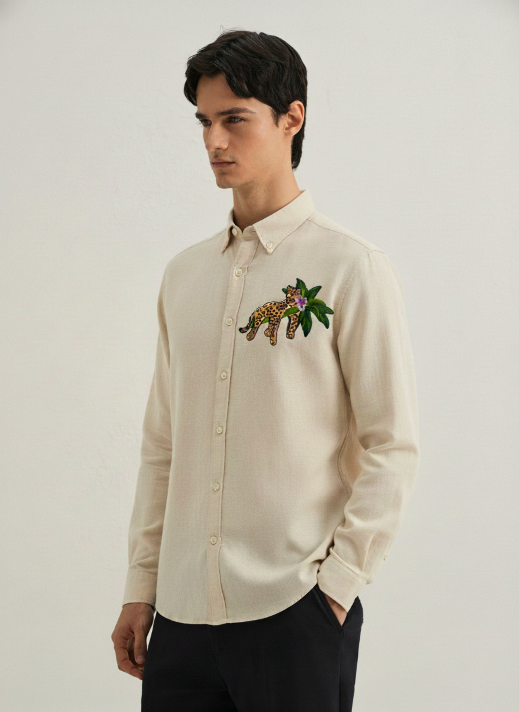 Men’s Leopard Embroidered Linen Shirt
