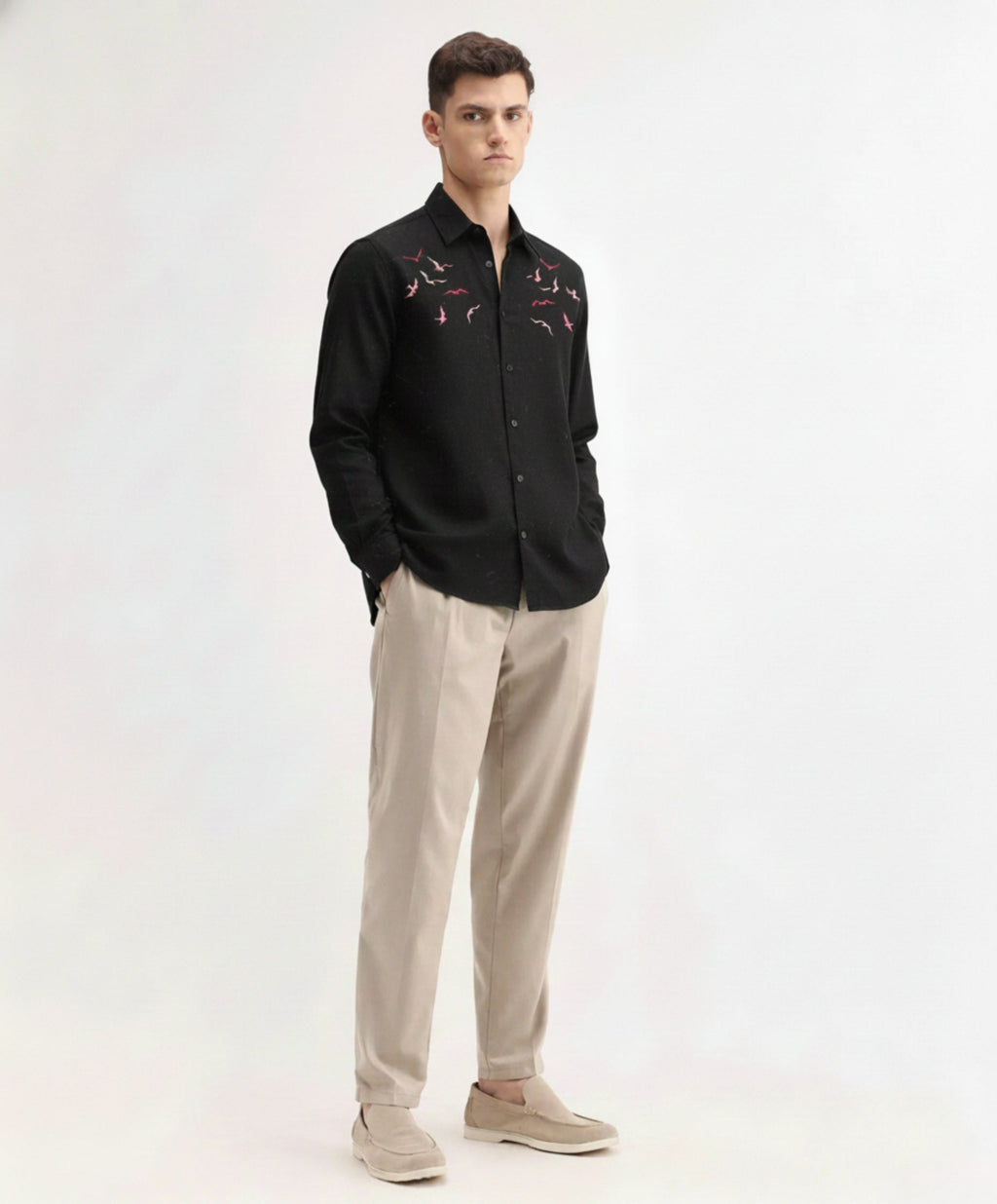 Men’s Seagull Embroidered Linen Shirt