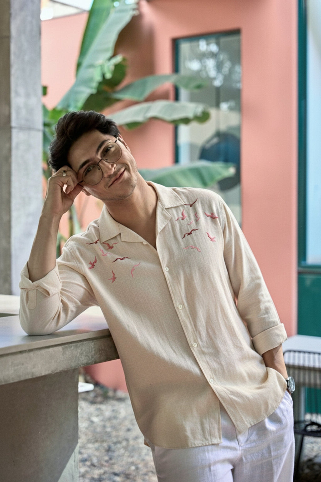 Men’s Seagull Embroidered Linen Shirt