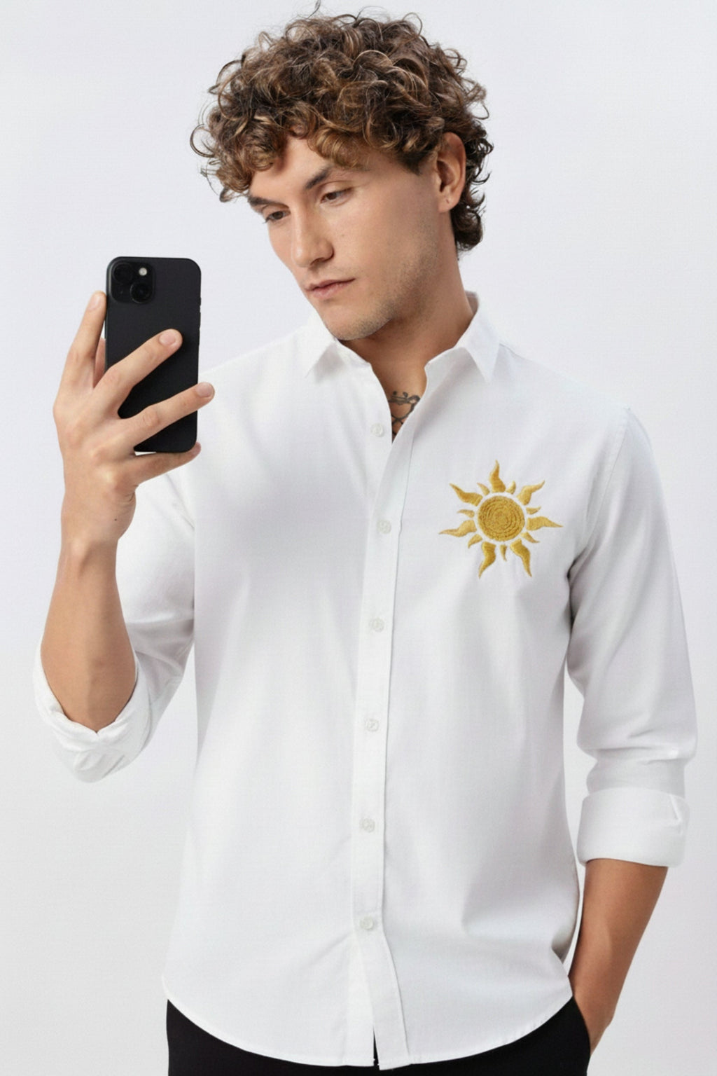 Men’s Golden Sun Embroidered Linen Shirt