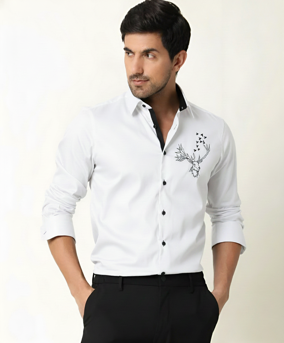 Men’s Black DEER Embroidered Linen Shirt