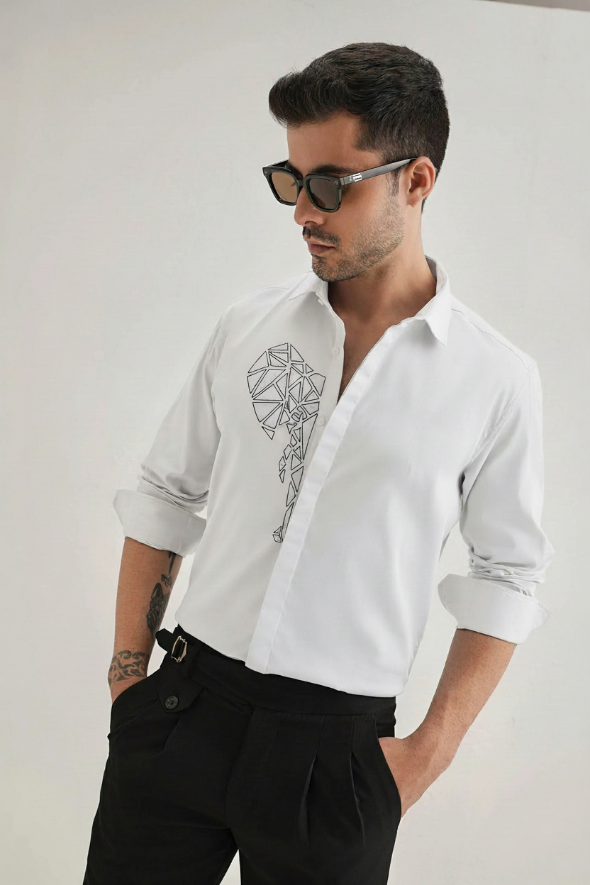 Men’s Geometric Elephant Embroidered Linen Shirt